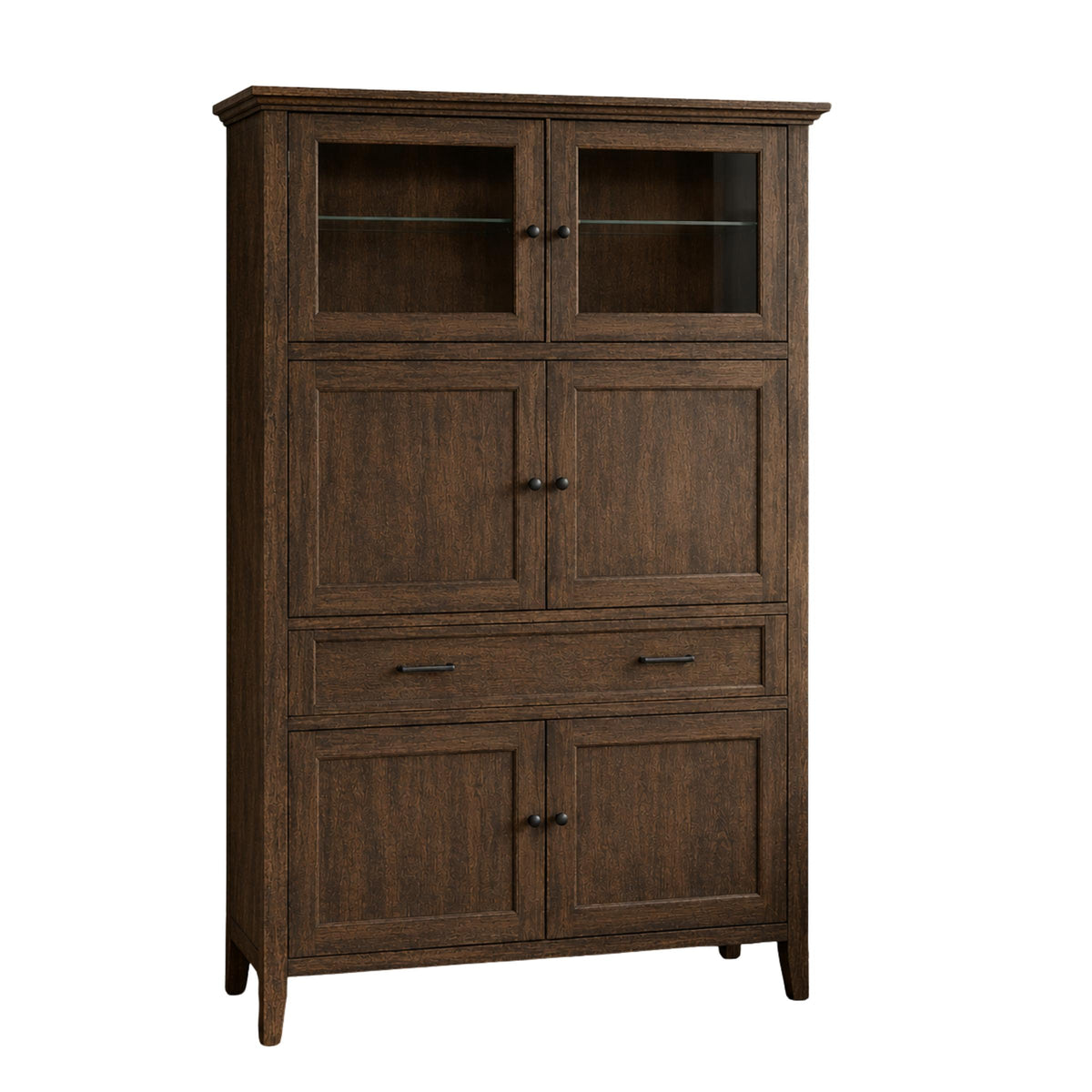 Overton dark brown wood coffee bar cabinet with glass doors and drawers