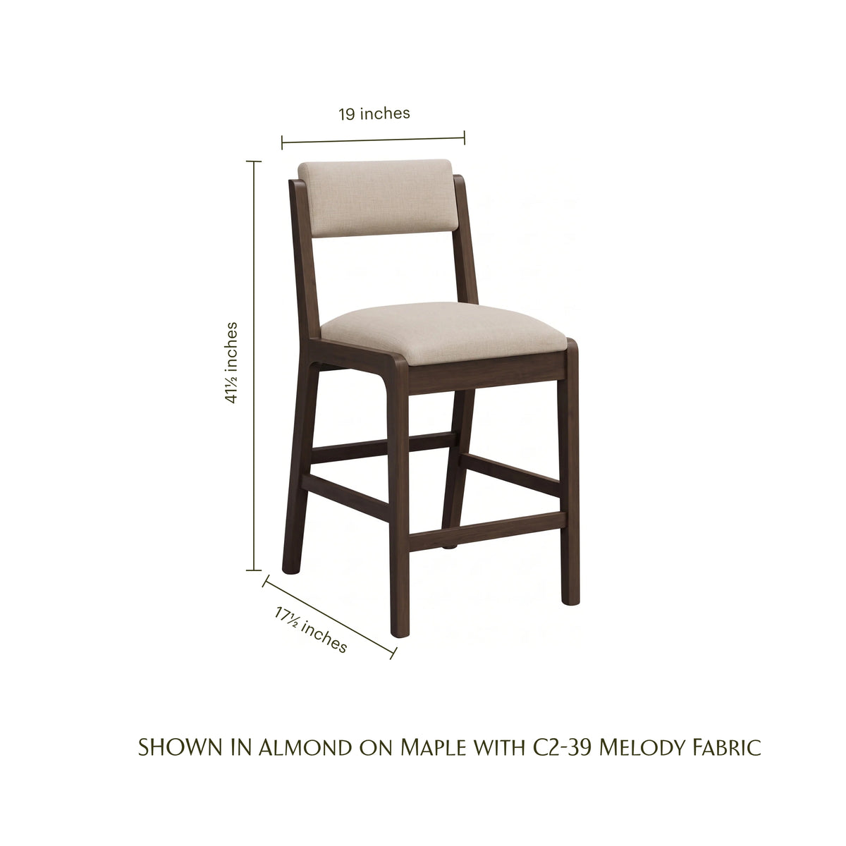 Orchid Bar Chair in almond on maple wood with beige fabric upholstery and dimensions shown.
