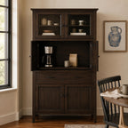 Dark brown wood Overton Coffee Bar cabinet with a coffee maker on a pull-out shelf.
