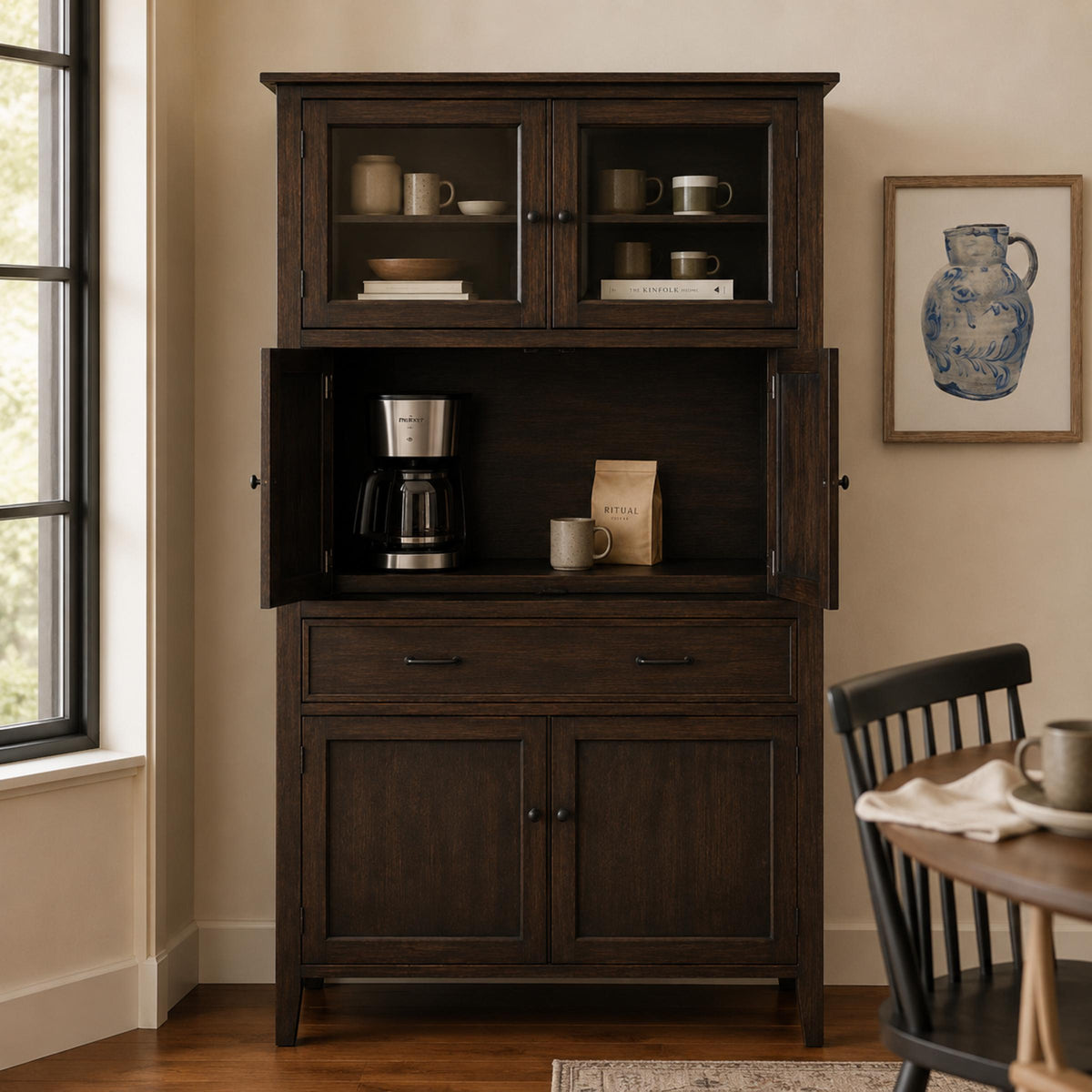Dark brown wood Overton Coffee Bar cabinet with a coffee maker on a pull-out shelf.
