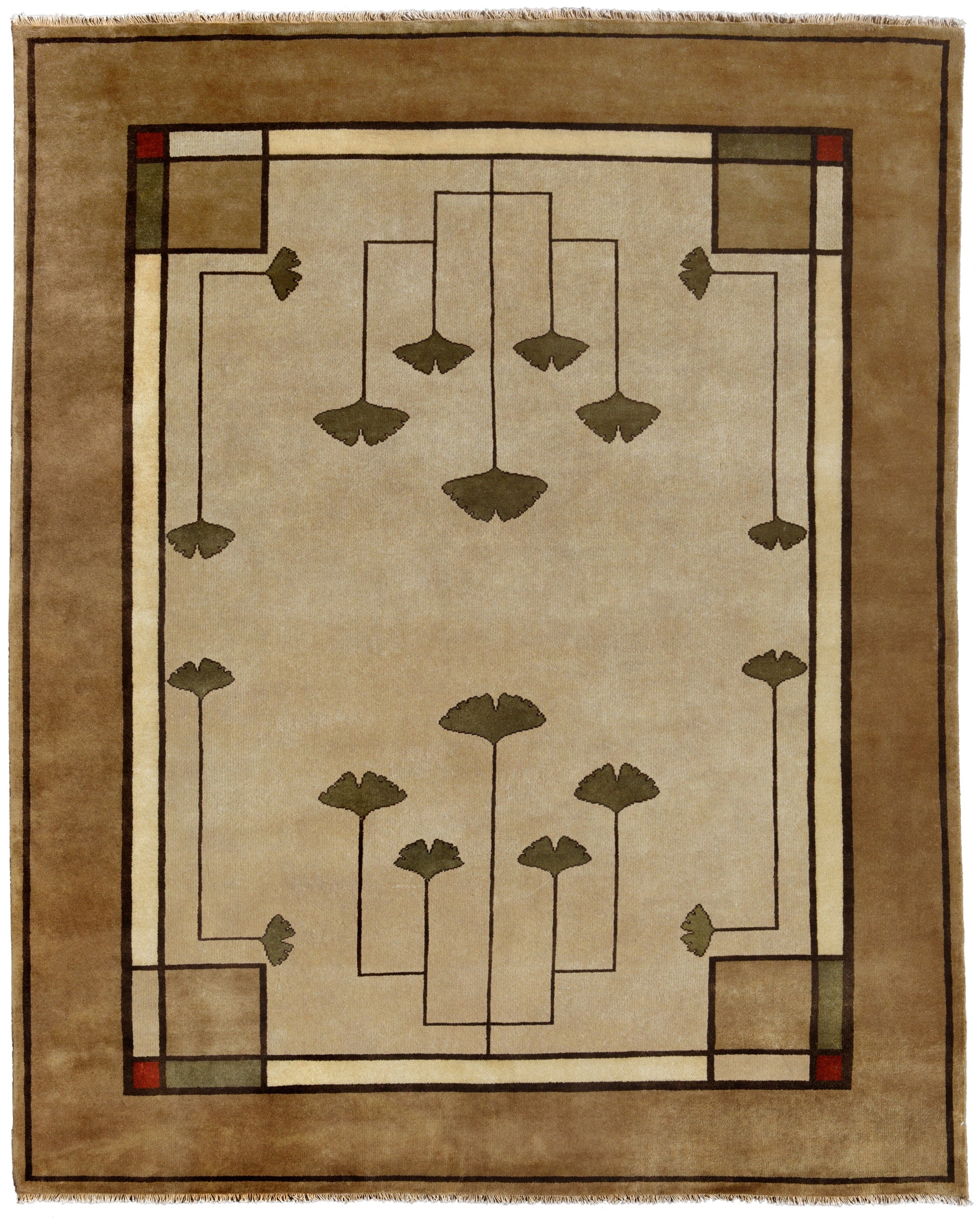 Ginkgo Beige Hand Knotted Wool Rug with Mission Style botanical leaf design.