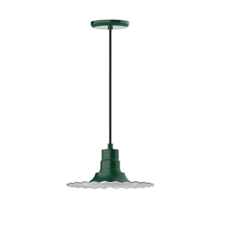Radial 12 inch pendant light in forest green with a wavy, scalloped shade.