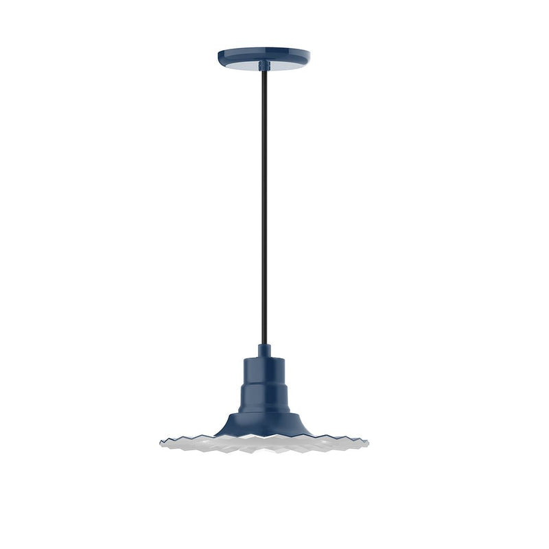 Radial 12 inch pendant light in glossy blue with a wavy, scalloped shade and black cord.