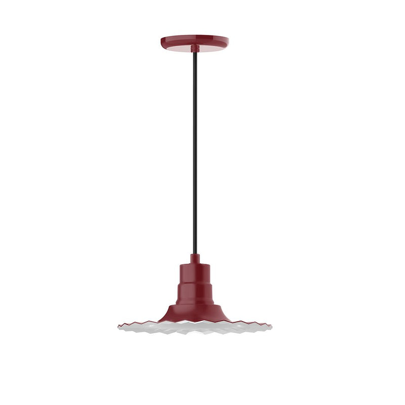 Radial 12 inch pendant light in glossy red with a wavy, geometric shade and black cord.
