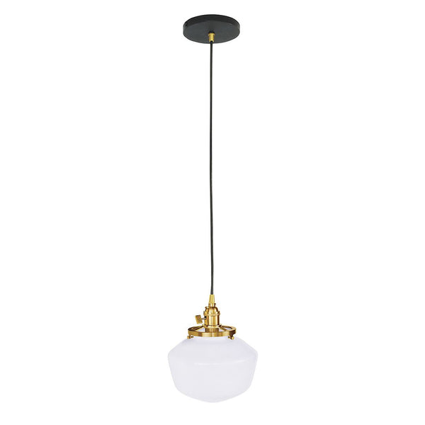 Uno Schoolhouse Pendant light with white glass shade, brushed brass hardware, and black cord.