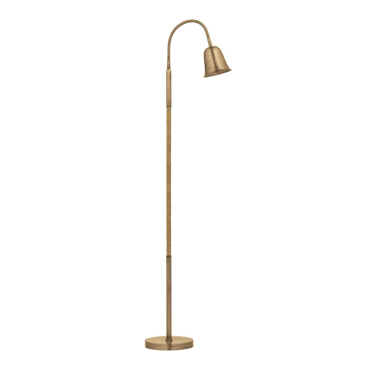 Wharf brass floor lamp with a jute-wrapped stem, gooseneck arm, and bell shade.