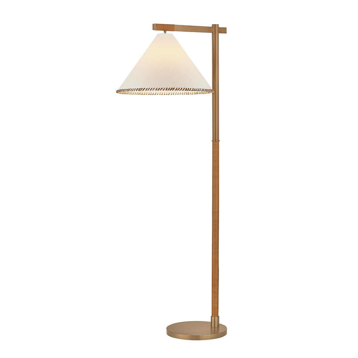 Stoney floor lamp with brass frame, jute wrap details, and white linen conical shade.