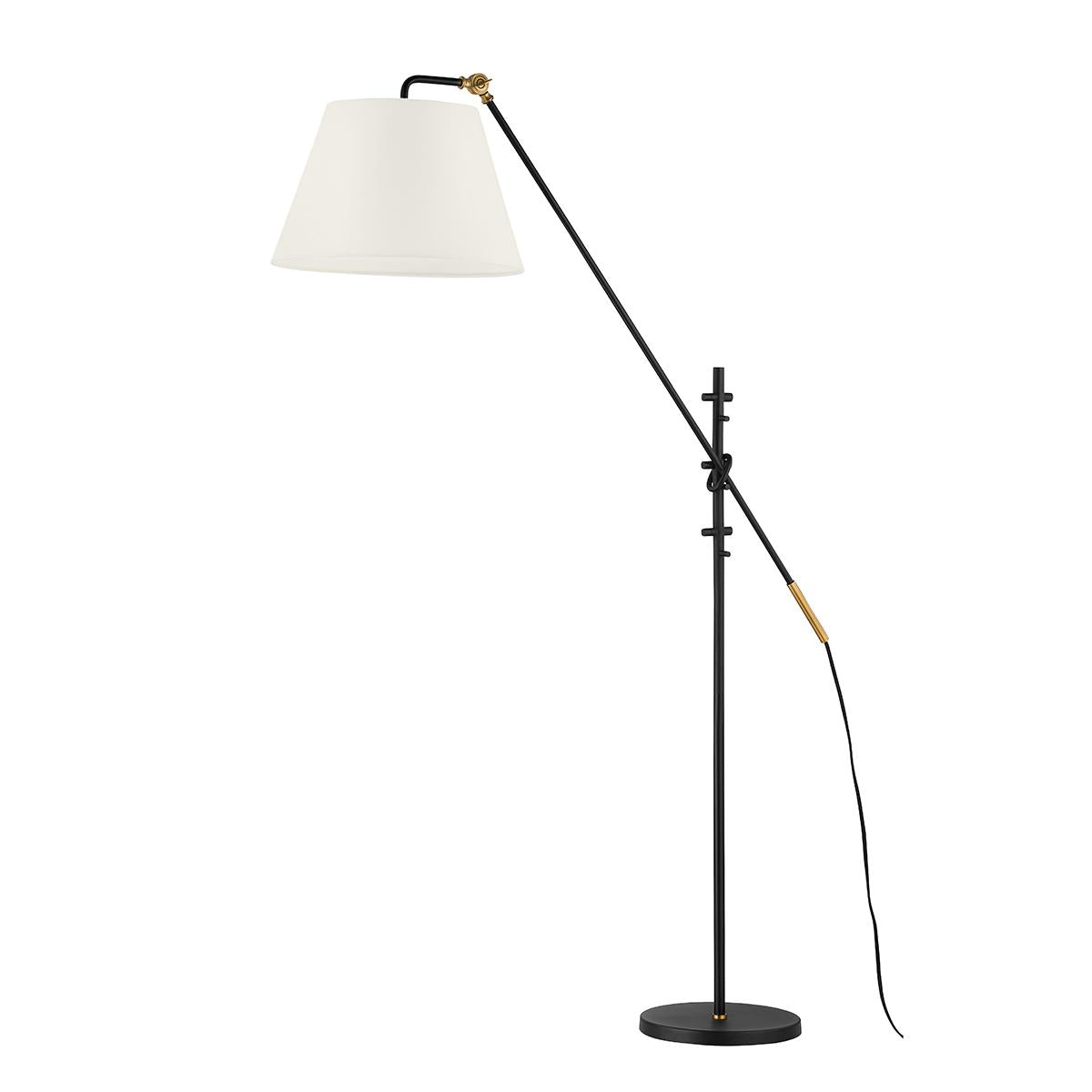 Navin black metal floor lamp with adjustable arm and white linen shade
