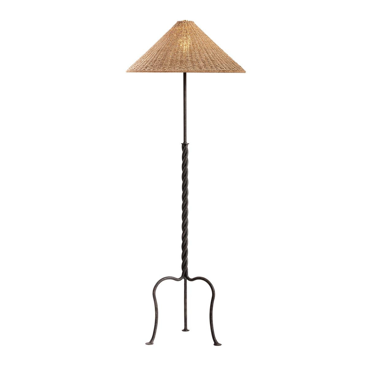 Francisco floor lamp with a twisted iron stem, tripod base, and woven abaca shade.