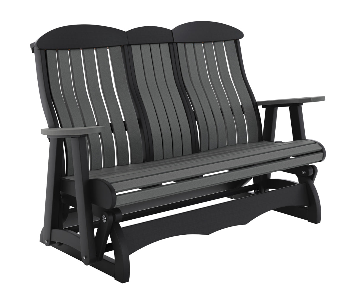 Three-seat outdoor poly glider bench in black and dark gray with high backs
