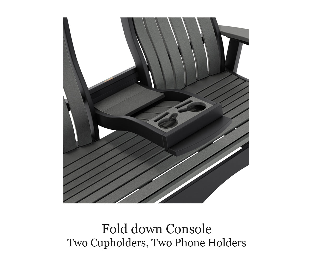 Fold-down console with cup and phone holders on a grey poly outdoor glider bench.