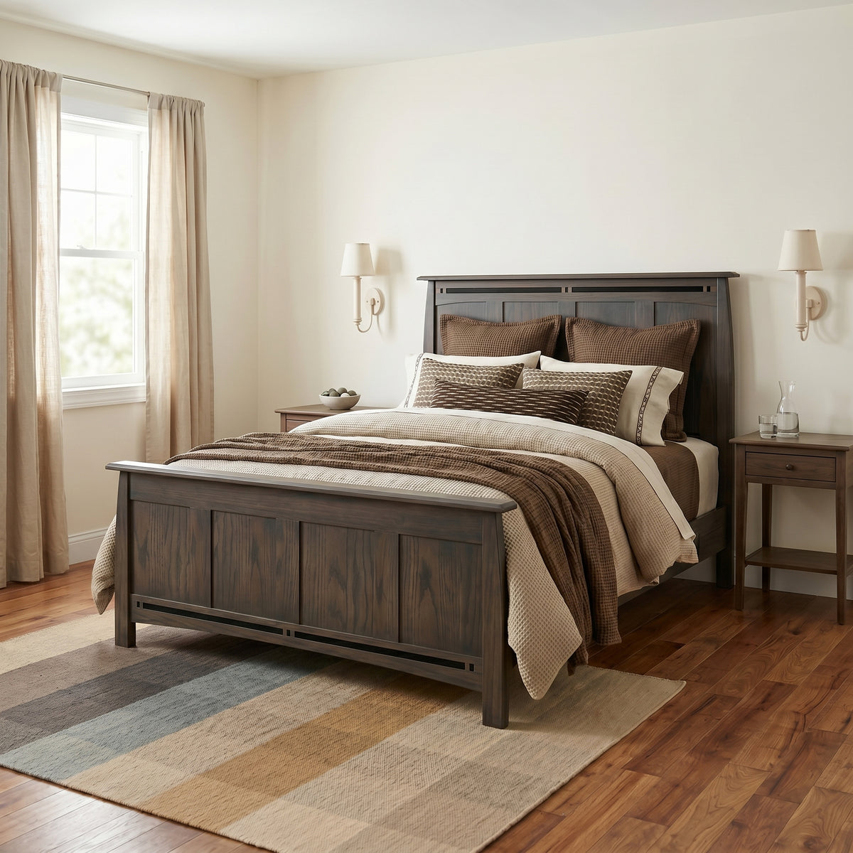 Waterford dark wood nightstand next to a matching wooden bed frame