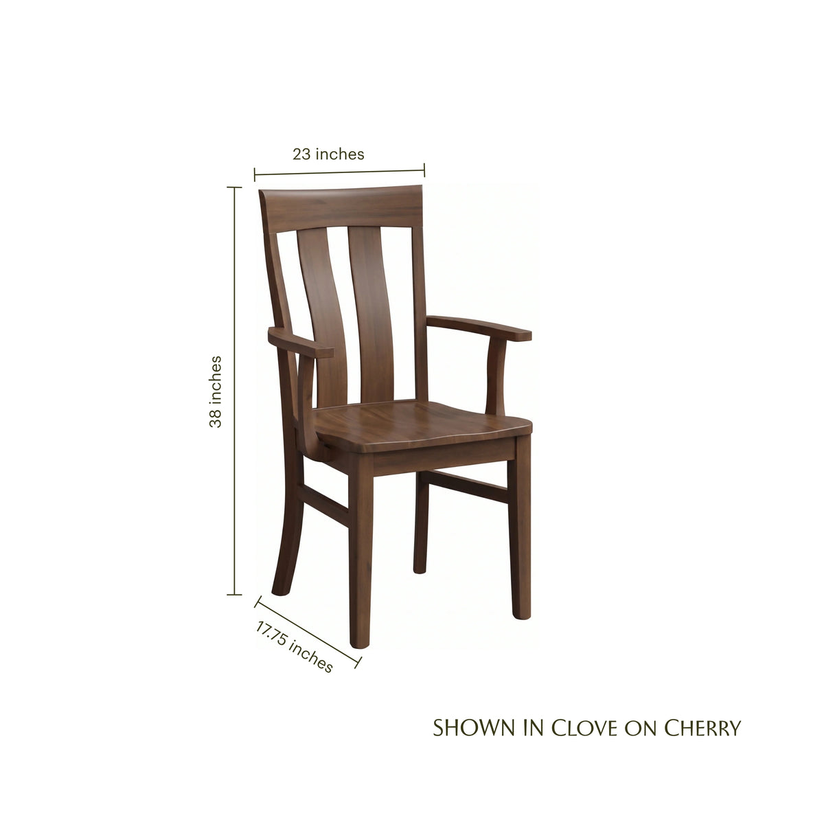 Paris wooden arm chair in clove on cherry finish with dimensions shown