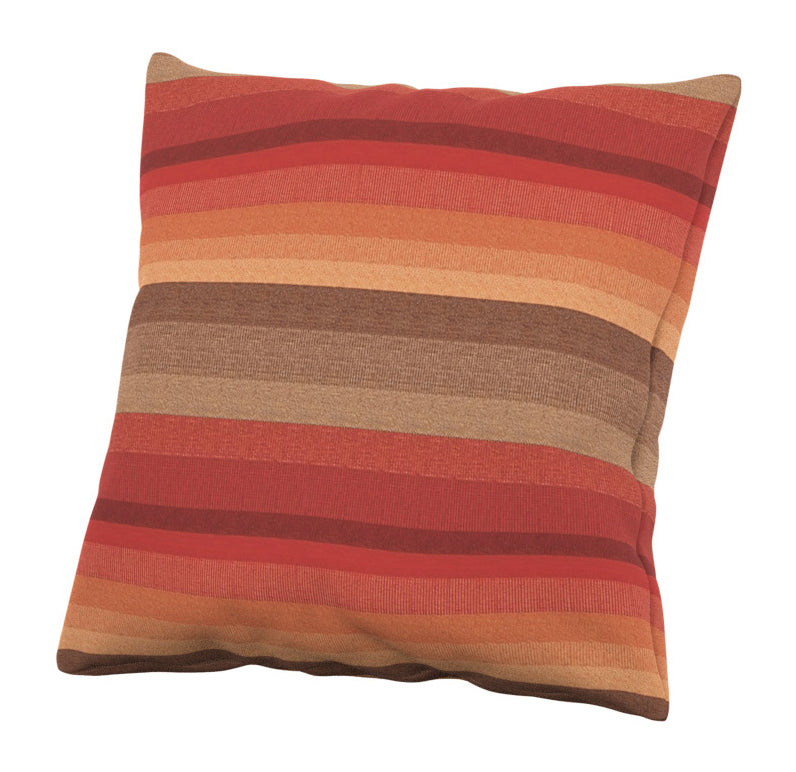 Square Sunbrella outdoor throw pillow with horizontal stripes in red, orange, and brown.