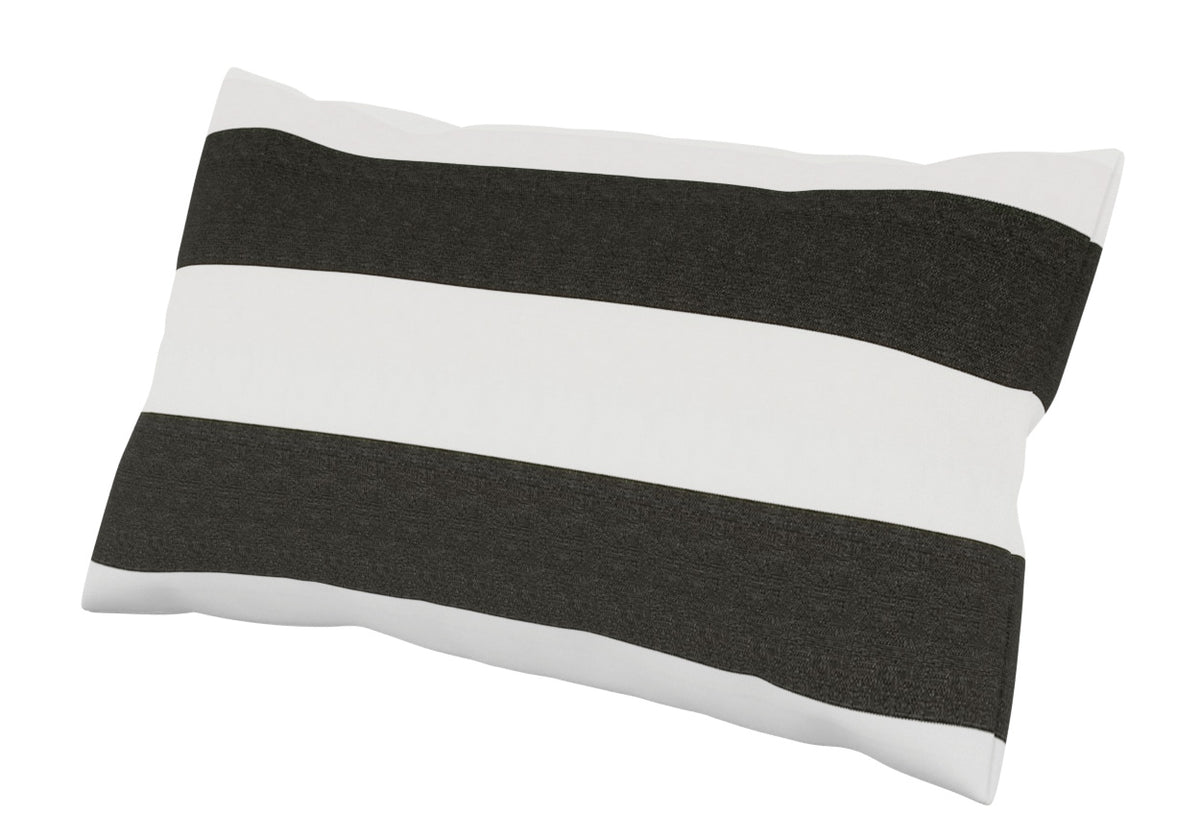 Rectangular Sunbrella outdoor pillow with wide black and white horizontal stripes.