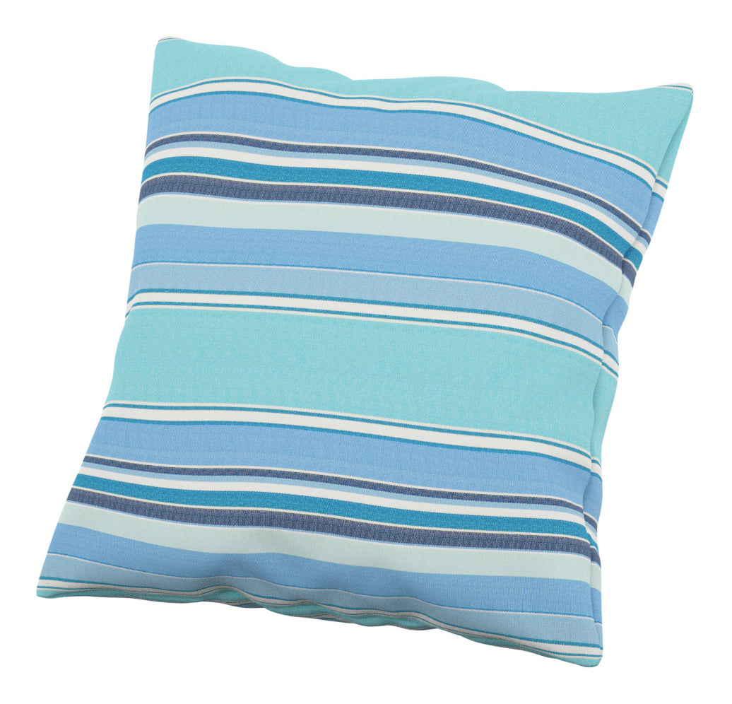 Square Sunbrella outdoor throw pillow with blue, turquoise, and white horizontal stripes.