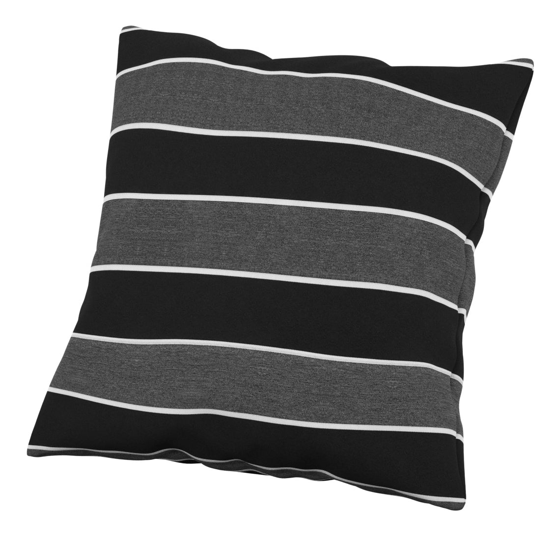 Square Sunbrella outdoor pillow with black, grey, and thin white horizontal stripes.