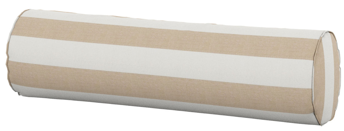 Sunbrella bolster pillow with tan and white stripes for outdoor patio furniture.