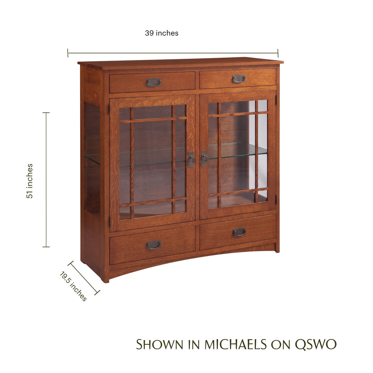 Prairie Mission oak console cabinet with glass doors, drawers, and dimensions.