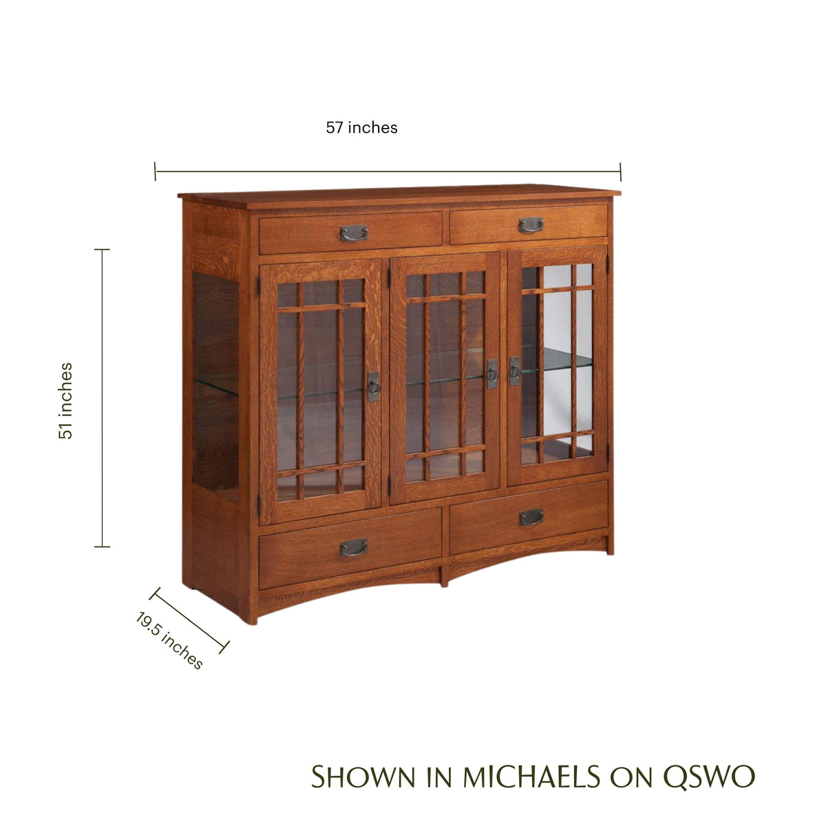 Prairie Mission 3-door oak console cabinet with glass doors and dimensions shown