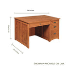 Prairie Mission Desk in oak wood with dimensions 54"W x 30"D x 30"H and four drawers.