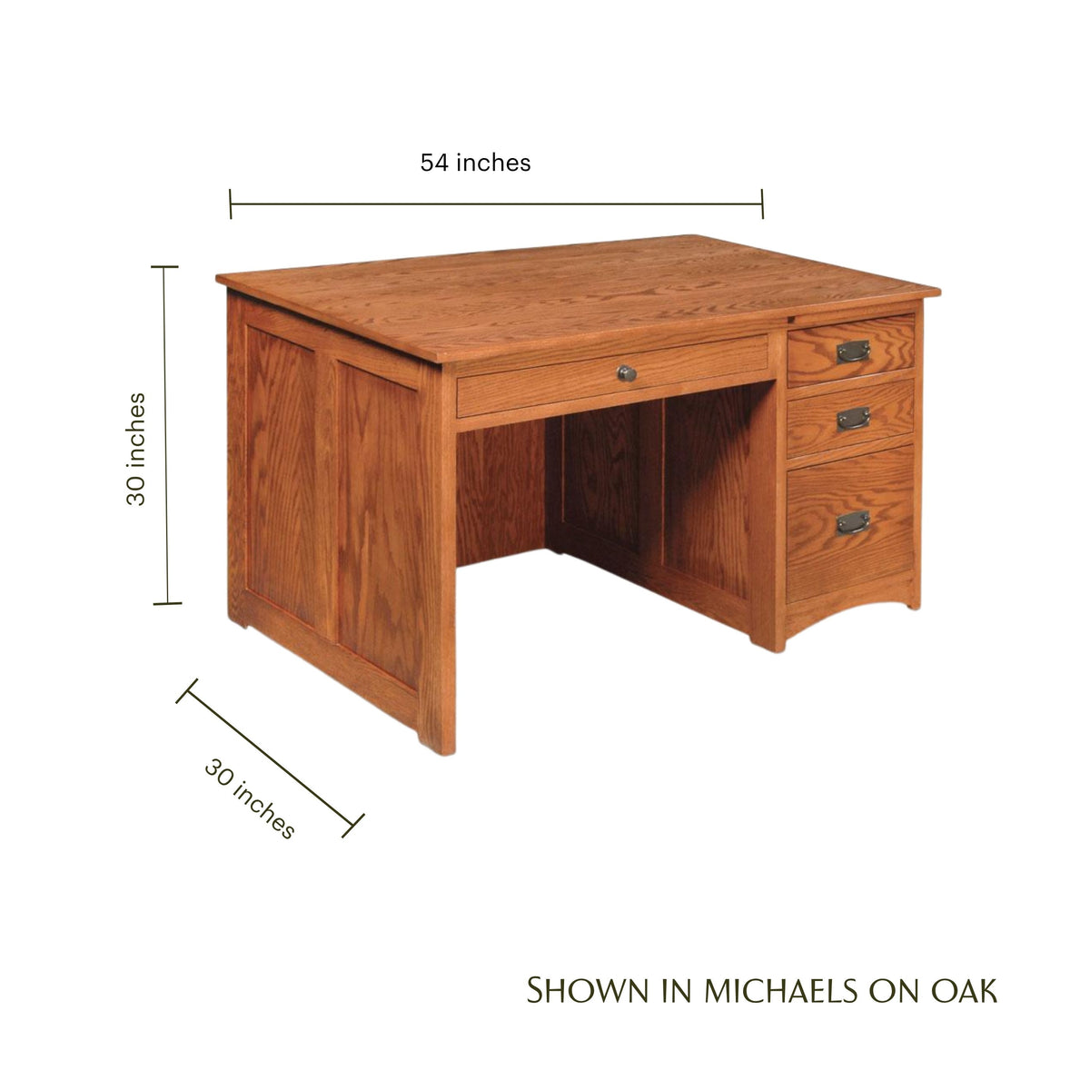Prairie Mission Desk in oak wood with dimensions 54"W x 30"D x 30"H and four drawers.