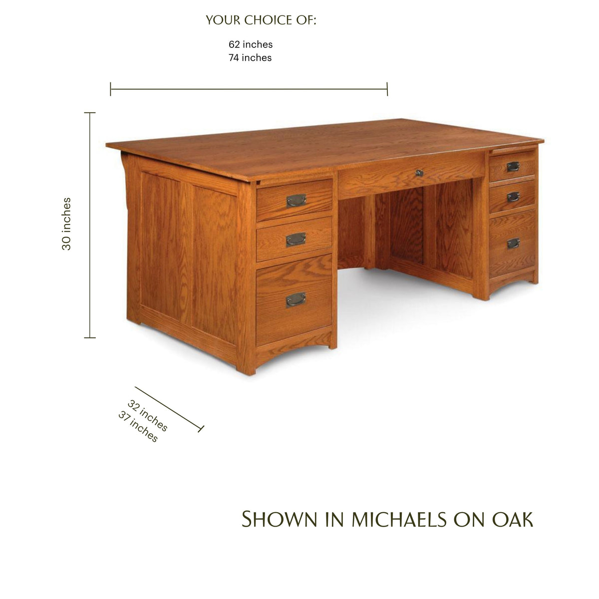 Prairie Mission oak executive desk with dimensions shown in Michaels finish.