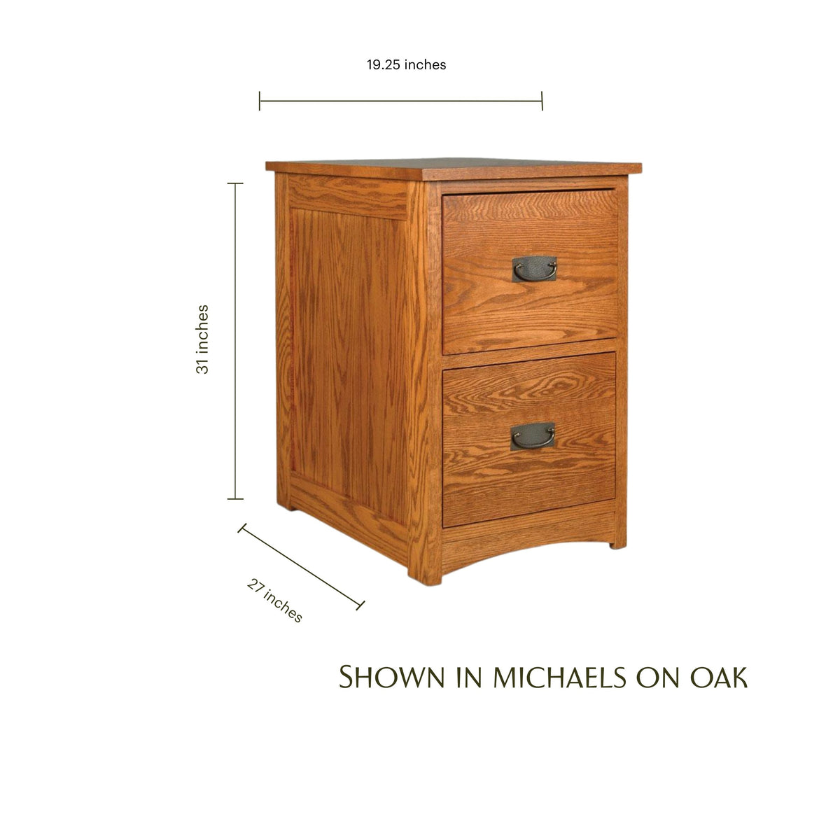 Two-drawer Prairie Mission oak file cabinet with dimensions shown in Michaels finish.