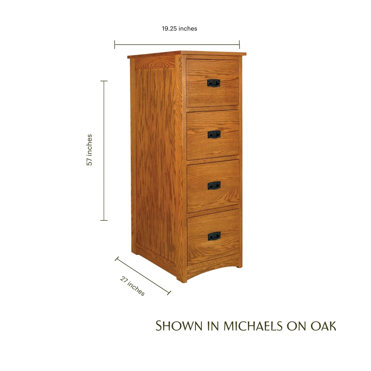 Four-drawer Prairie Mission oak file cabinet with dimensions in Michaels finish.
