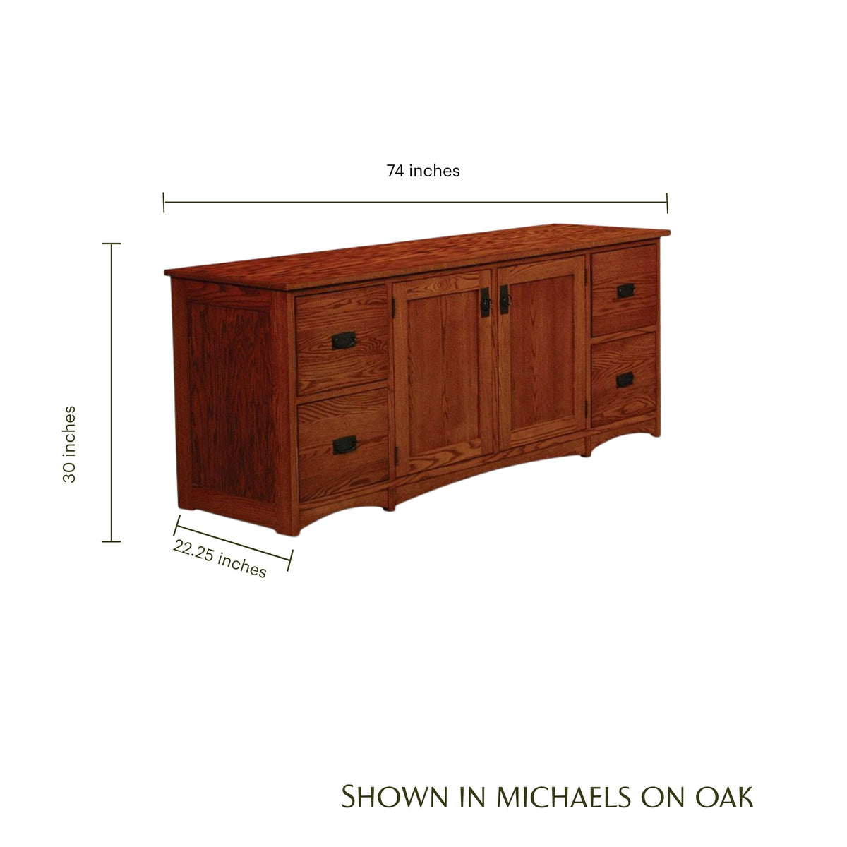 Prairie Mission solid oak file drawer credenza with dimensions 74"W x 30"H x 22.25"D