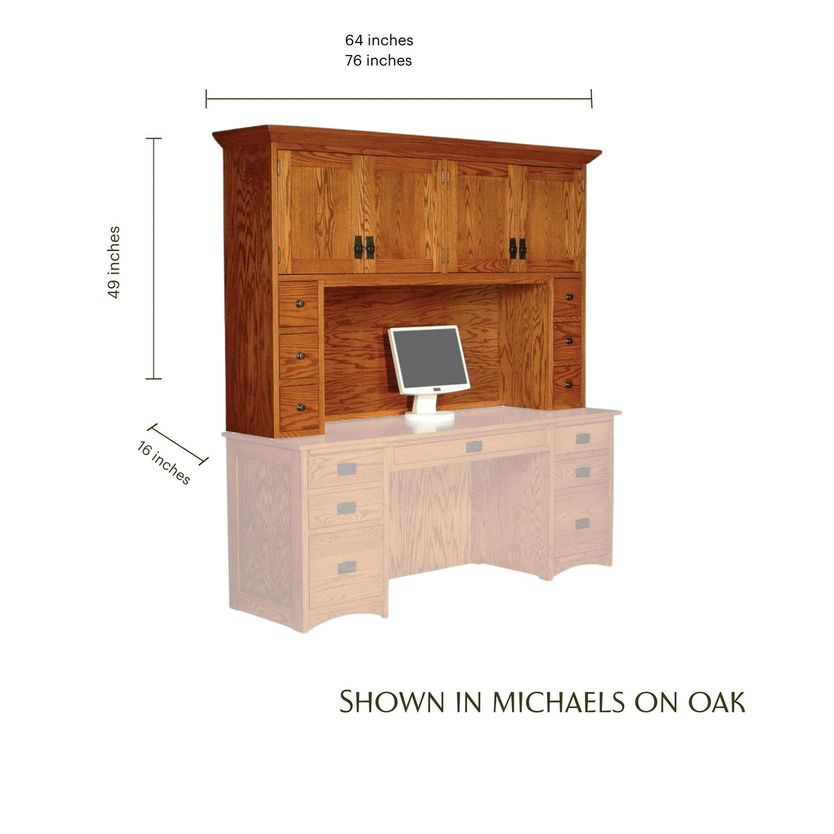 Prairie Mission oak wood hutch top with cabinets and drawers, shown with dimensions.