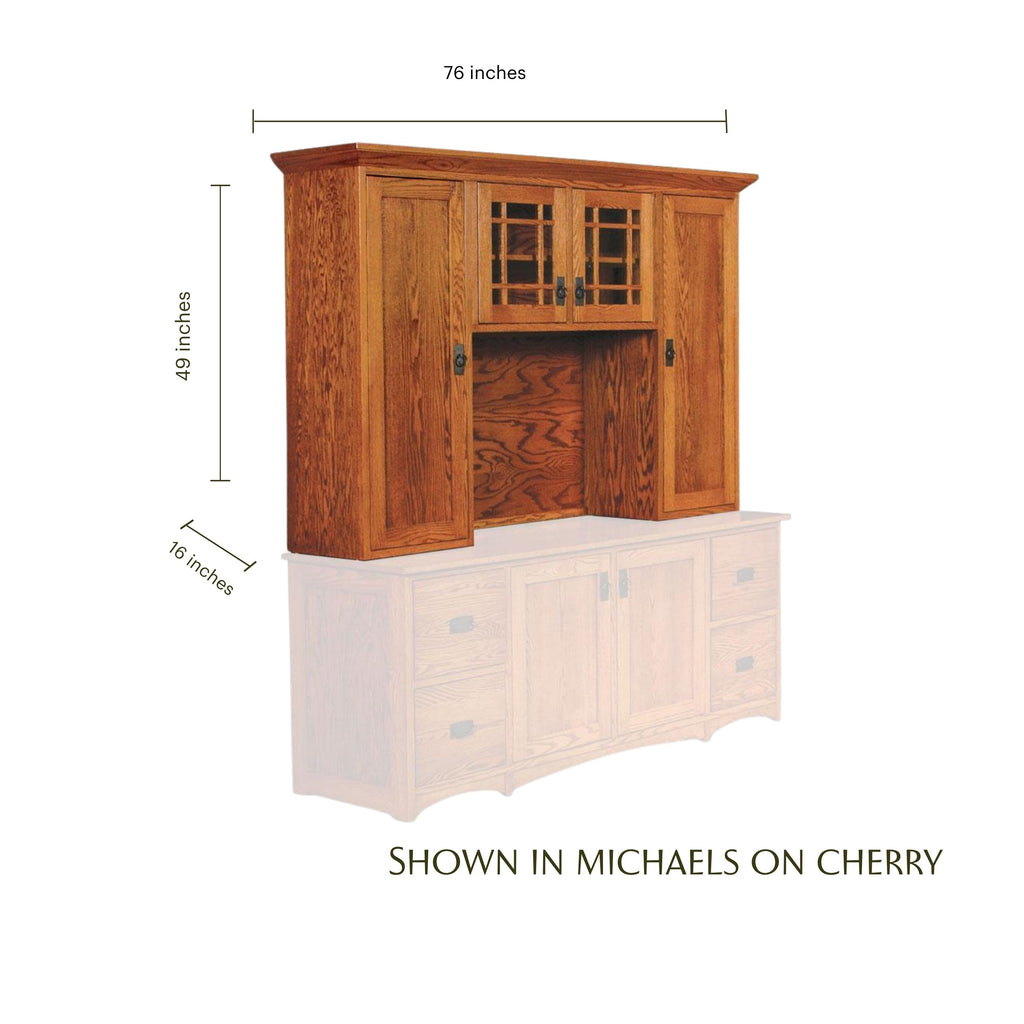 Prairie Mission oak hutch top with mullion glass doors, measuring 76x49x16 inches