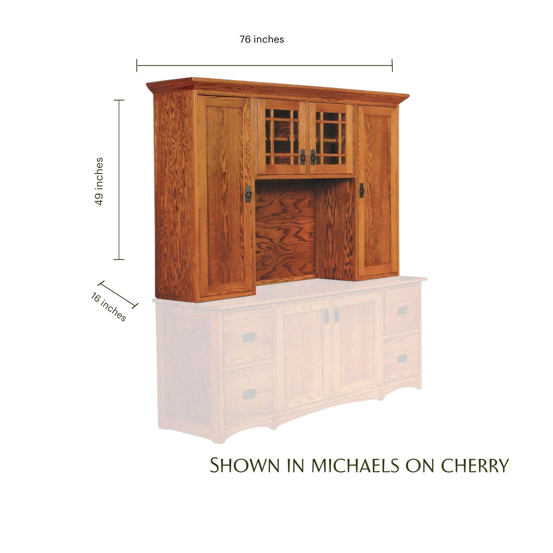 Prairie Mission oak hutch top with mullion glass doors, measuring 76x49x16 inches