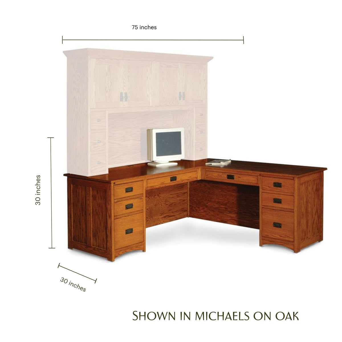 Prairie Mission L-shape oak desk with dimensions, shown in Michaels on Oak finish.
