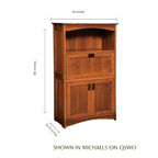 Prairie Mission oak laptop cabinet with dimensions, featuring a drop-down desk and lower doors.