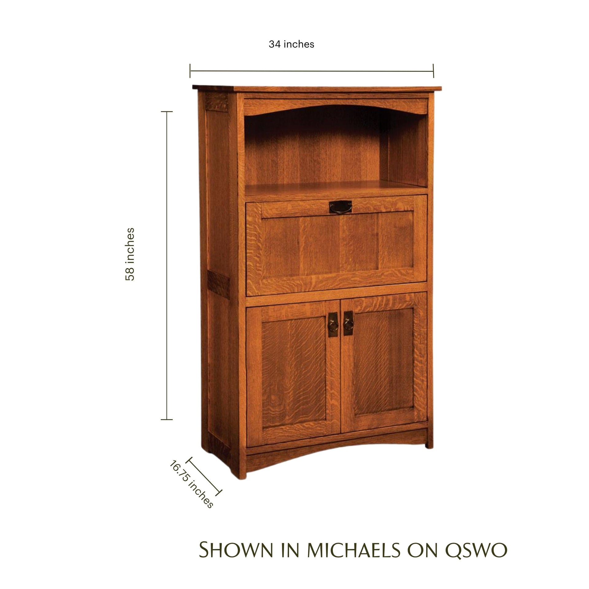 Prairie Mission oak laptop cabinet with dimensions, featuring a drop-down desk and lower doors.