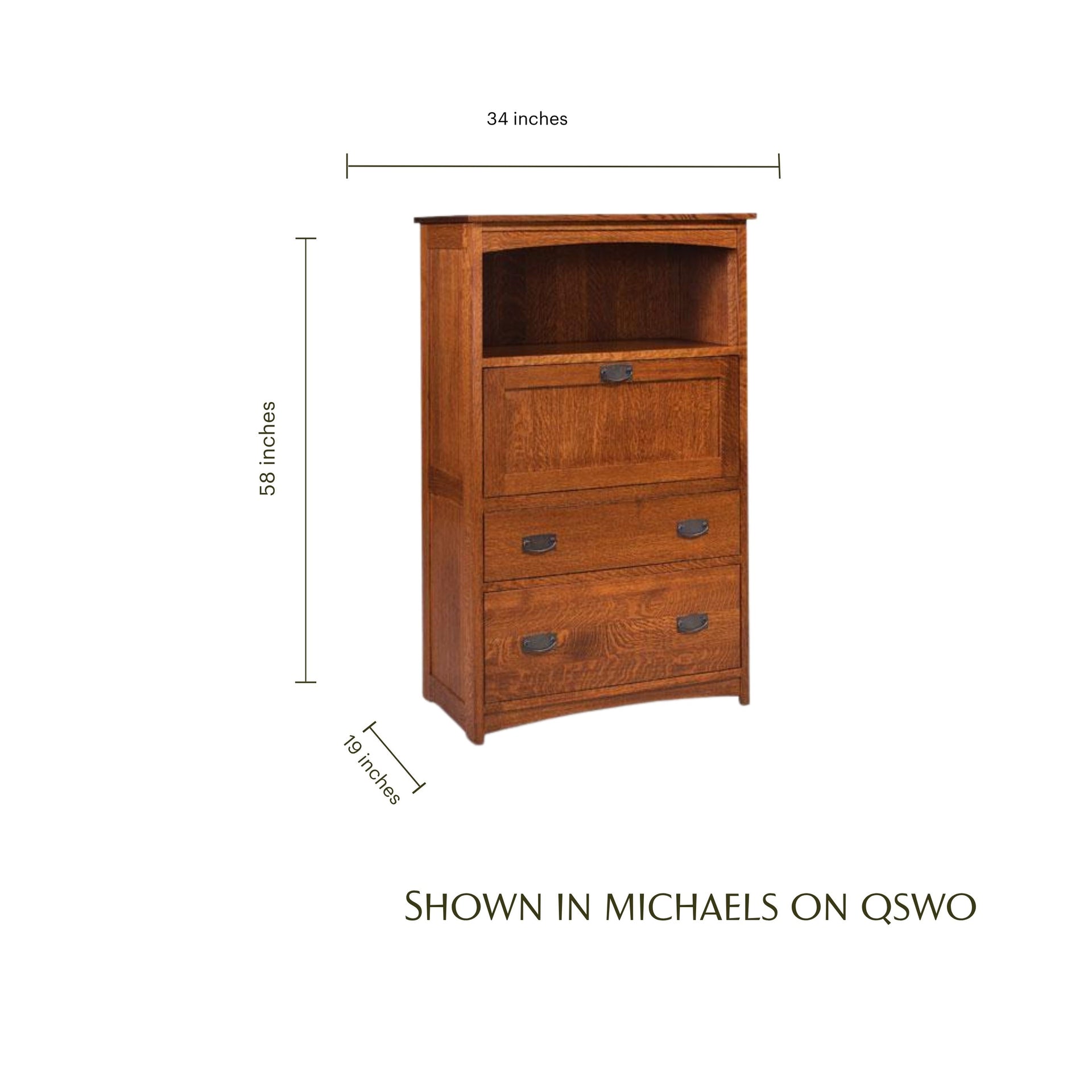 Prairie Mission oak laptop cabinet with dimensions, featuring a shelf, drop-down desk, and drawers.