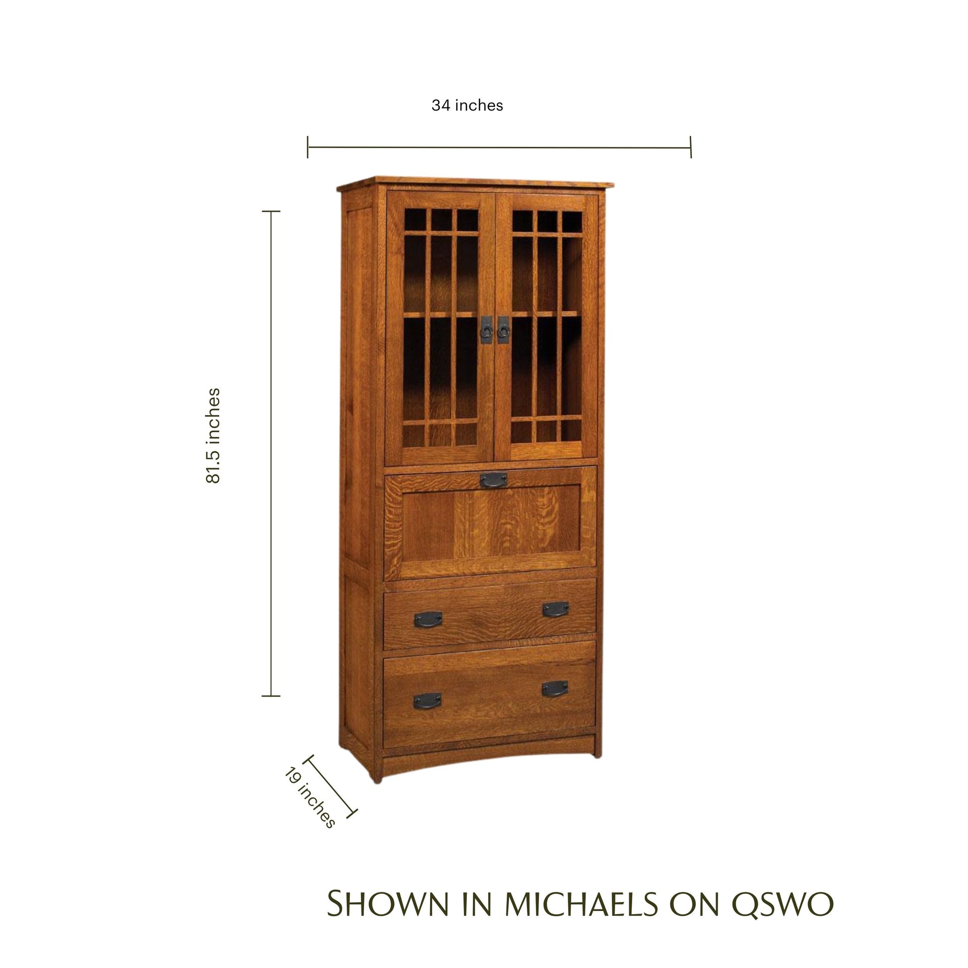 Prairie Mission oak laptop secretary desk with dimensions, glass doors, and drawers.