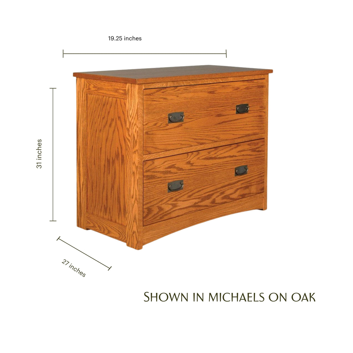 Prairie Mission oak lateral file cabinet with dimensions and two drawers