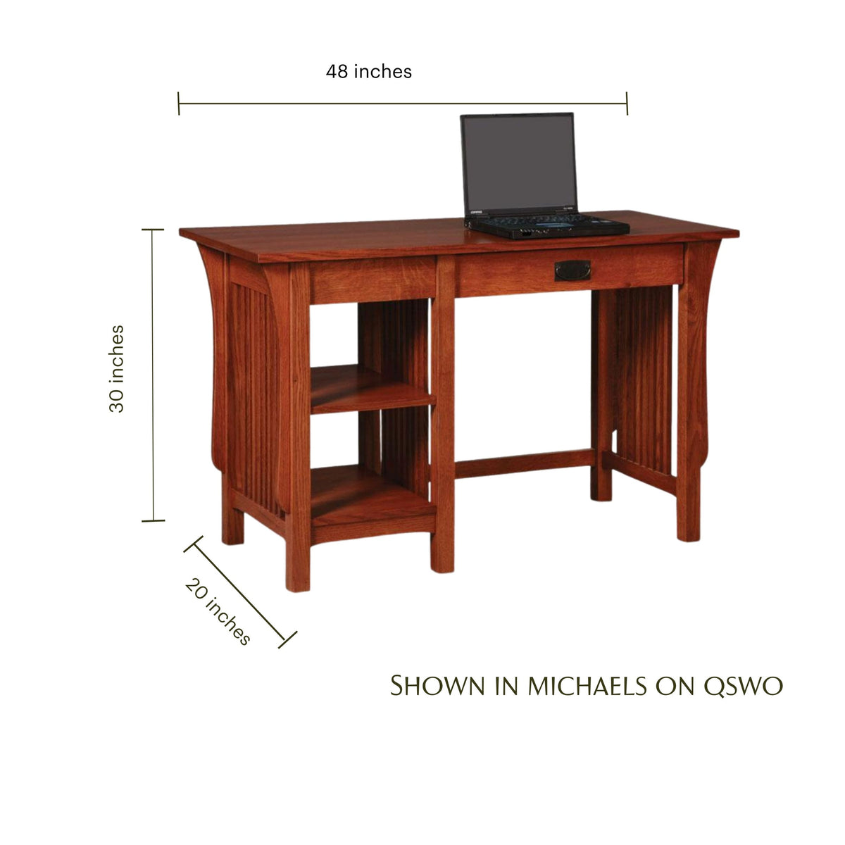 Prairie Mission library desk in reddish-brown hardwood with dimensions and a laptop on top.