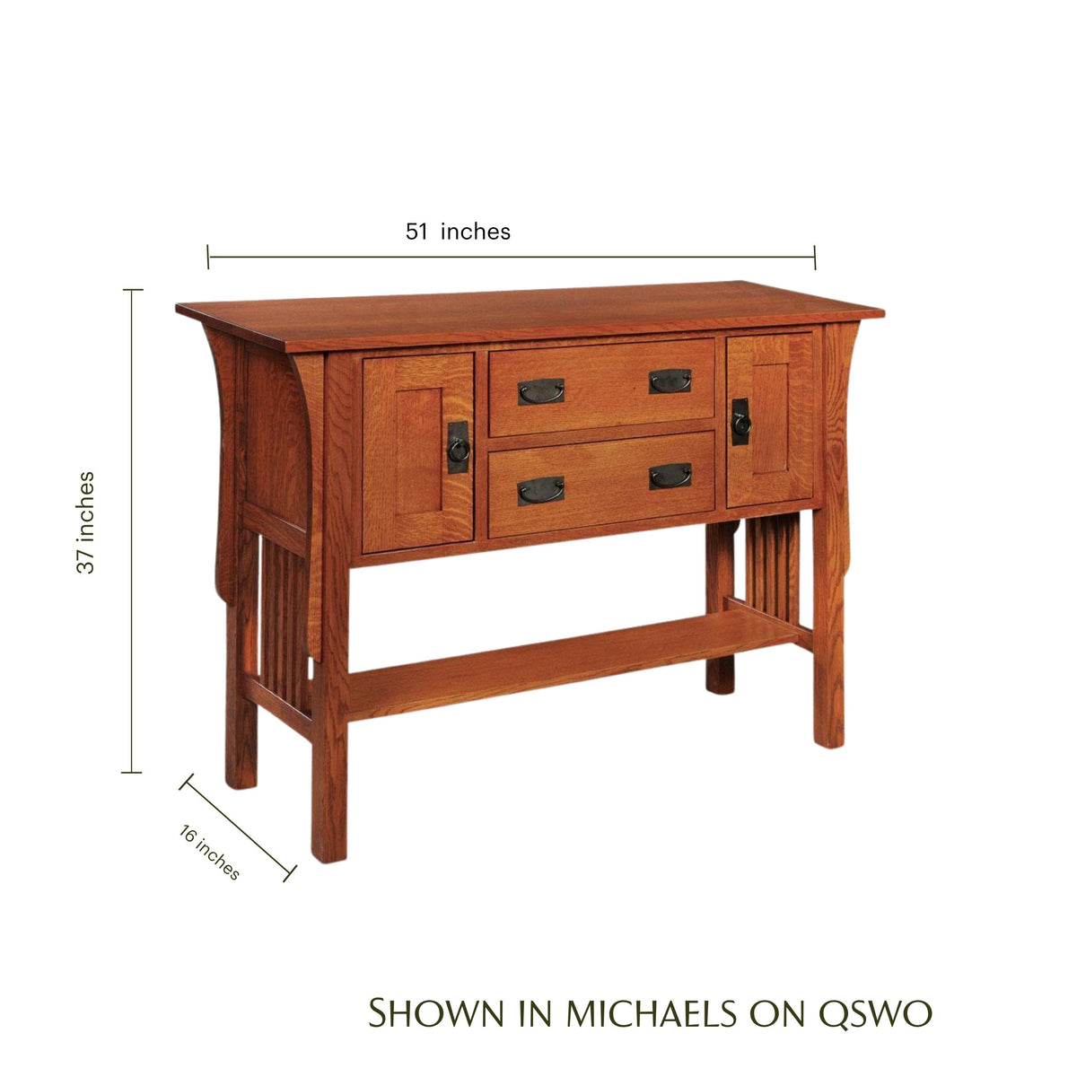 Prairie Mission open sideboard in oak wood with dimensions 51"W x 16"D x 37"H.