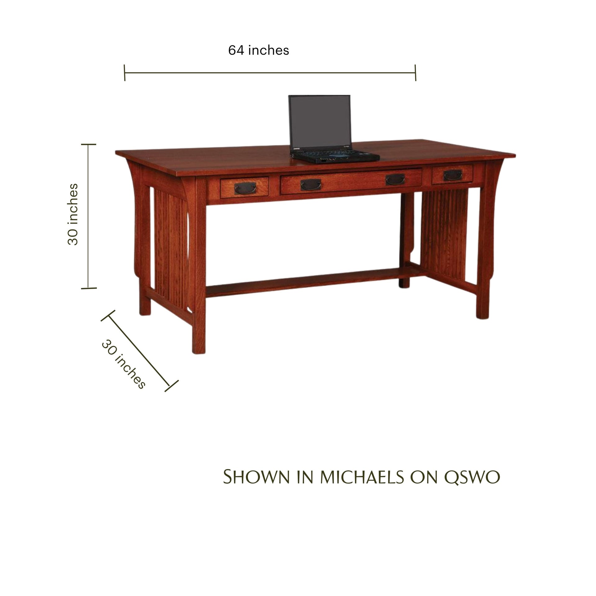 Prairie Mission writing desk in reddish-brown hardwood with dimensions and a laptop on top