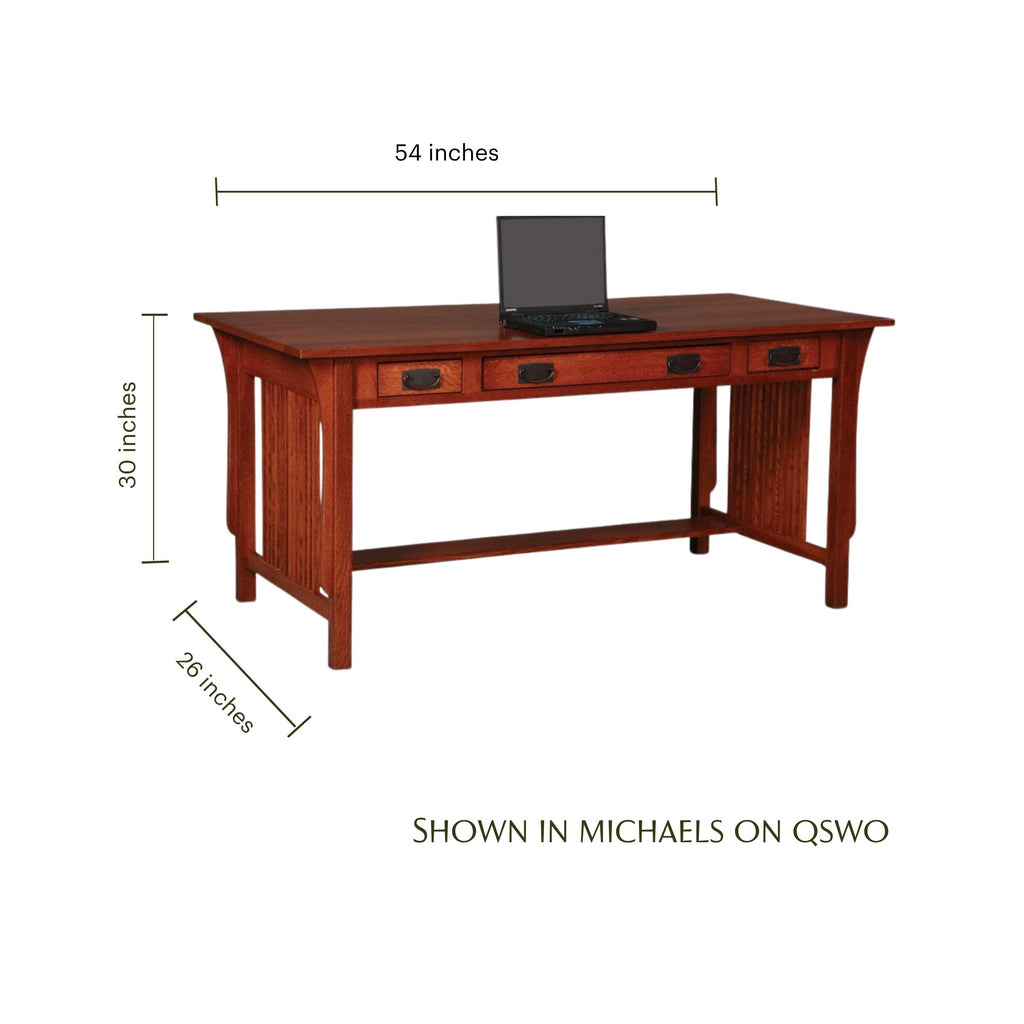 Prairie Mission writing desk in medium brown wood with dimensions shown