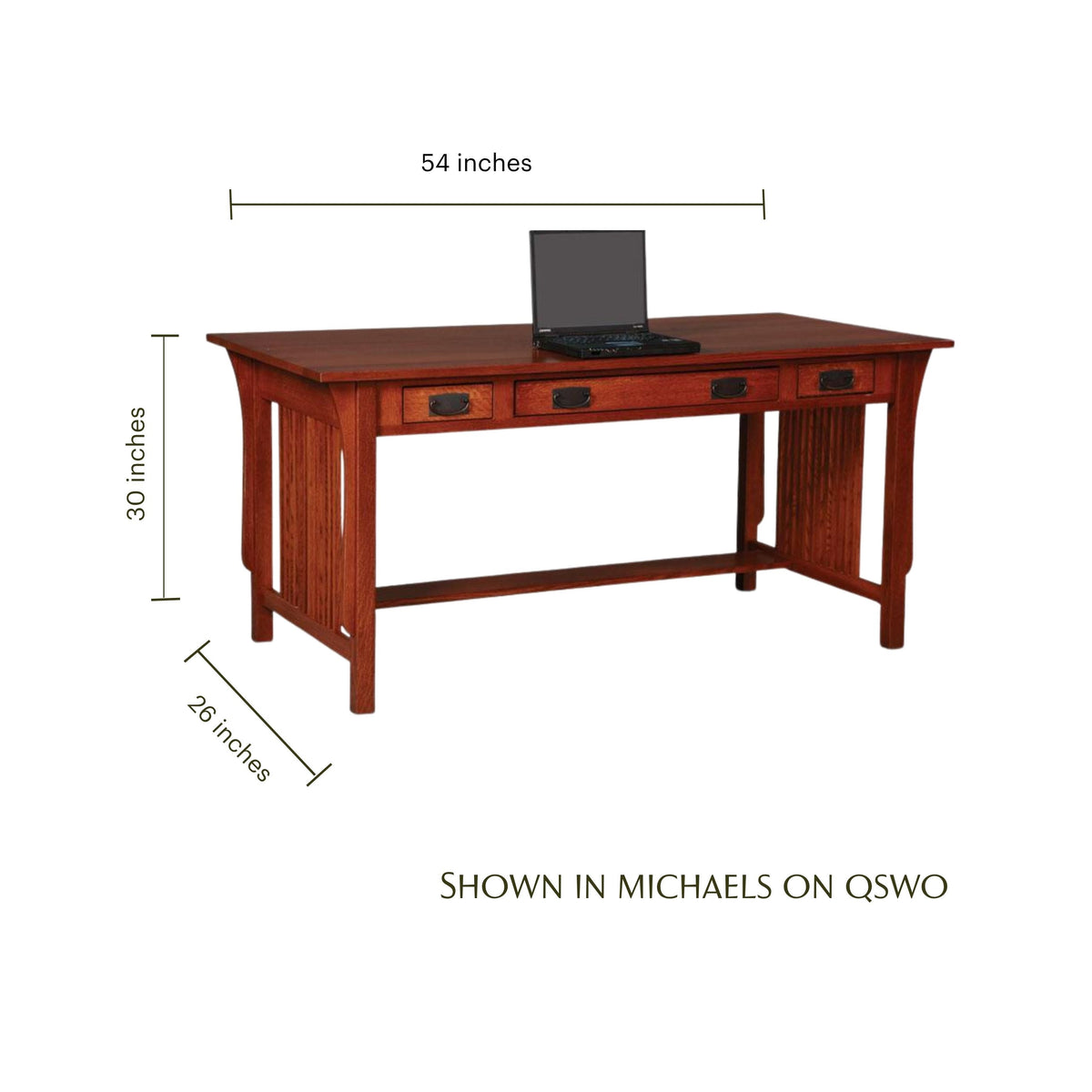 Prairie Mission writing desk in medium brown wood with dimensions shown