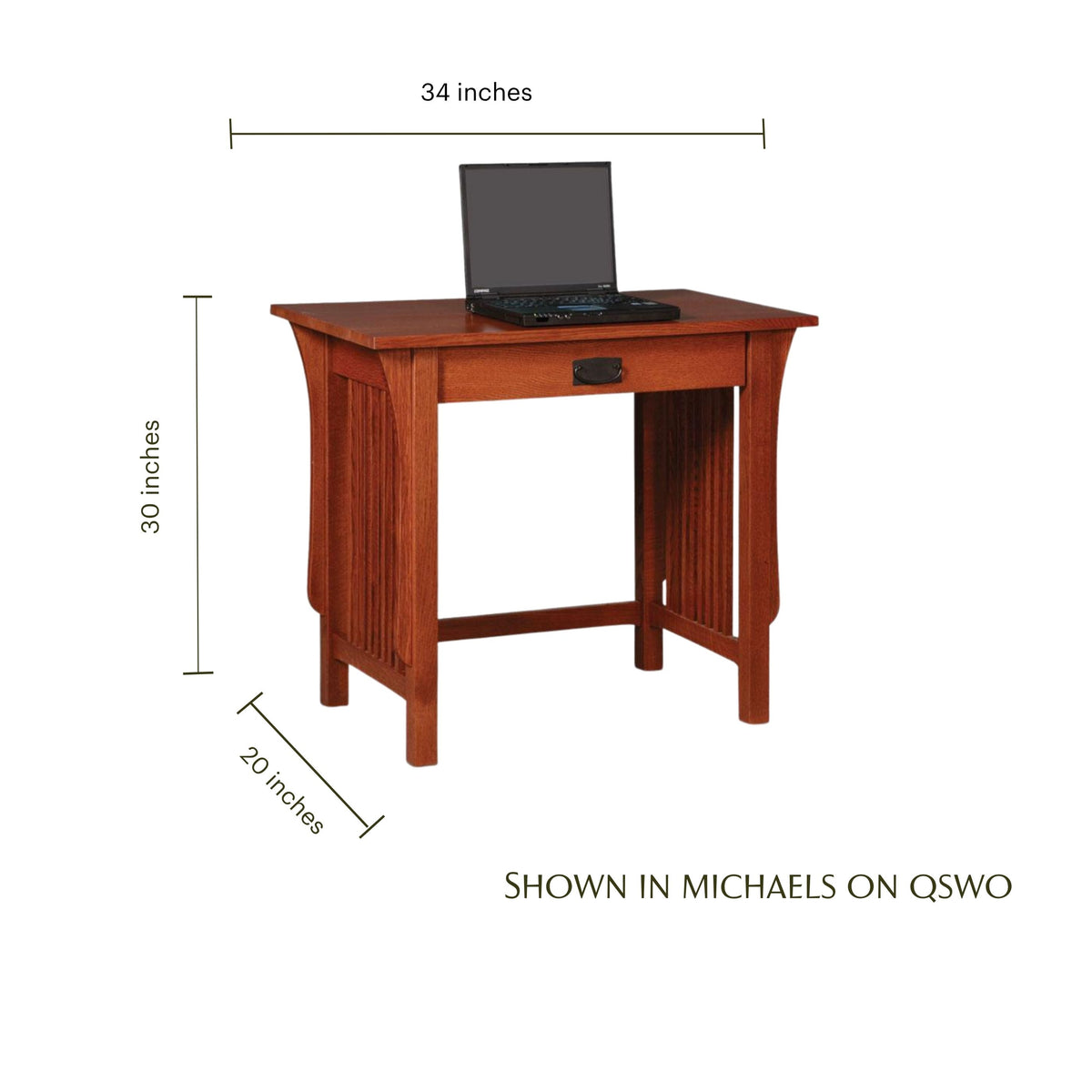 Prairie Mission writing desk in oak with dimensions, featuring a single drawer and laptop on top.