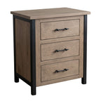 Provincial rustic wood nightstand with three drawers and black metal frame.