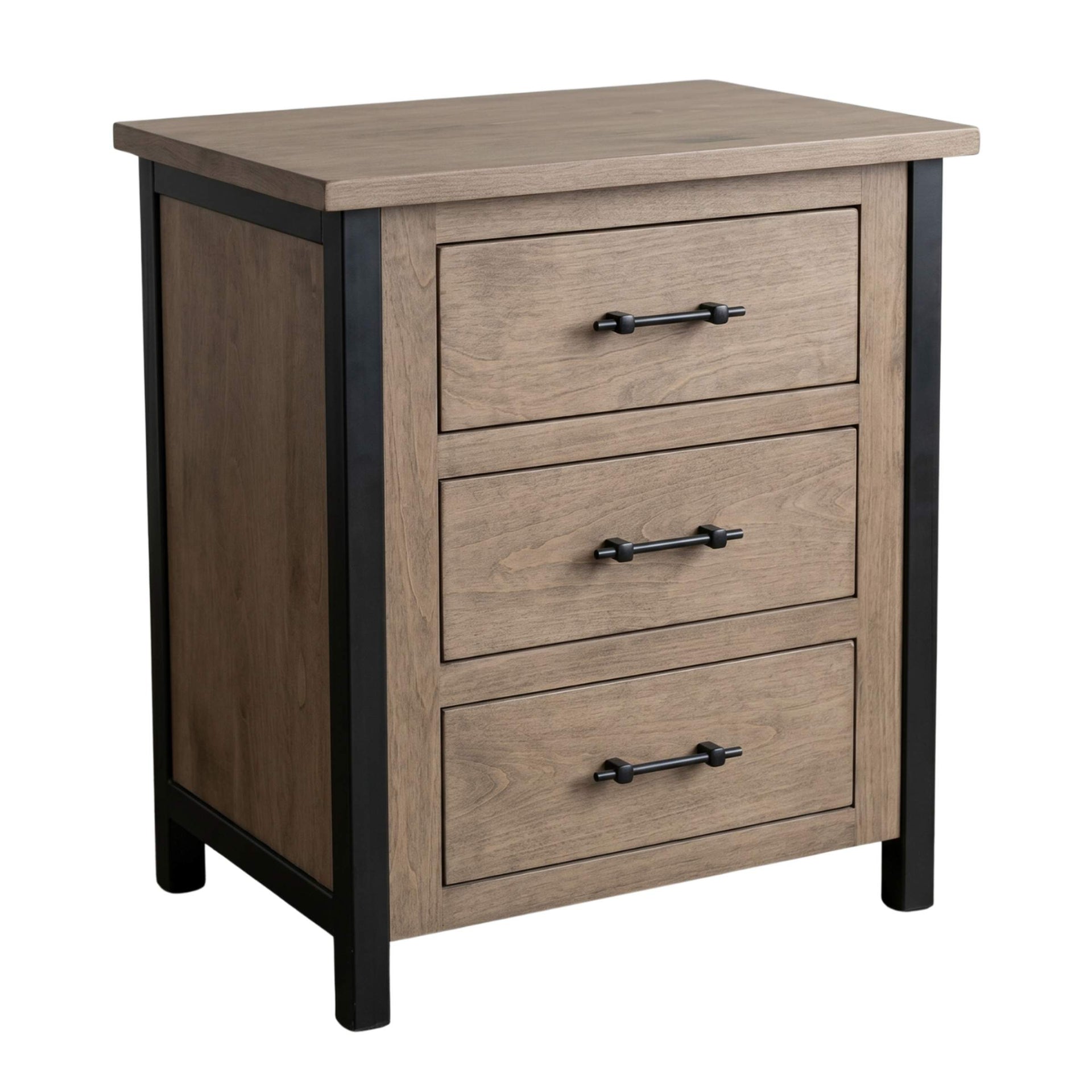 Provincial rustic wood nightstand with three drawers and black metal frame.