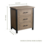 Provincial rustic wood nightstand with three drawers, black metal frame, and dimensions.