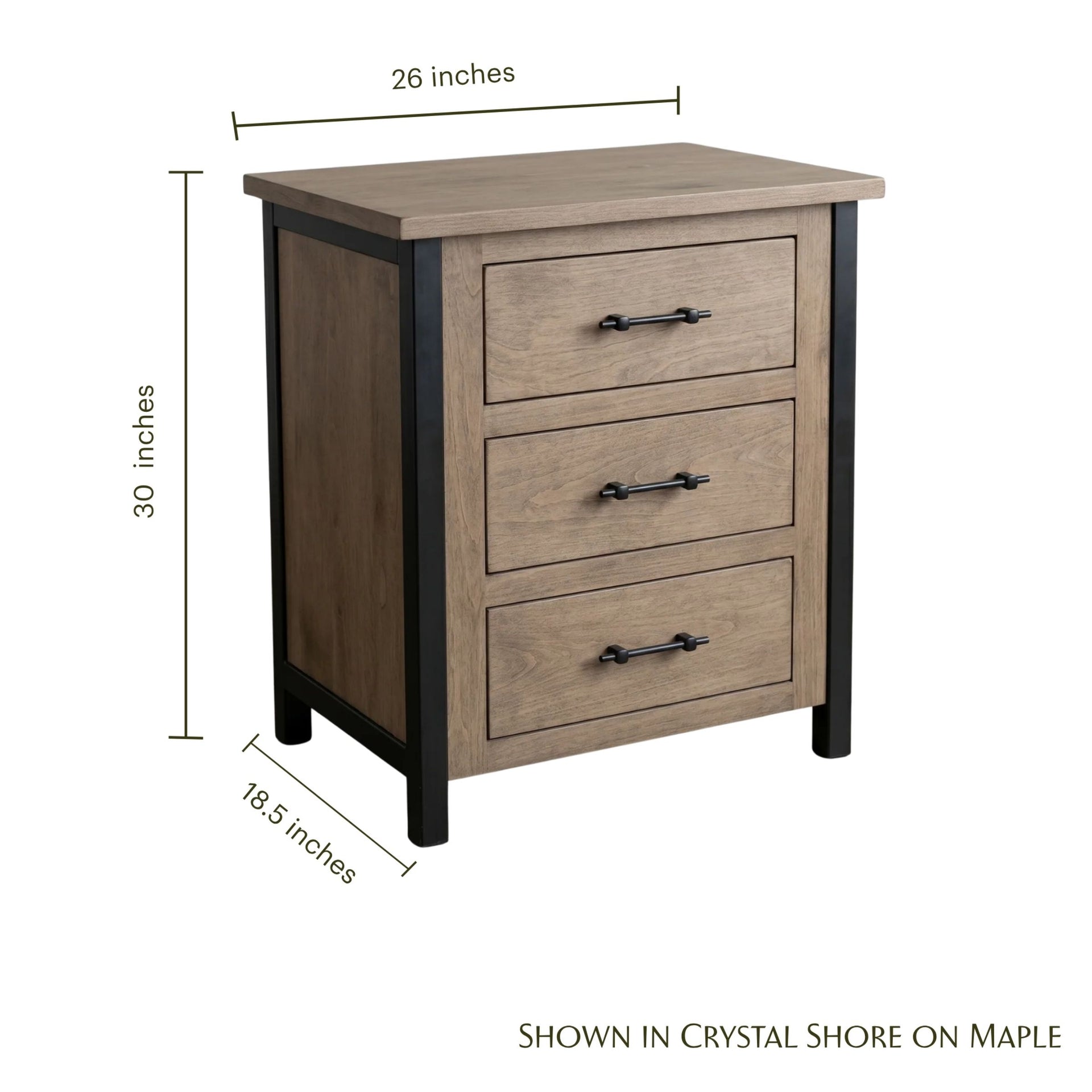 Provincial rustic wood nightstand with three drawers, black metal frame, and dimensions.