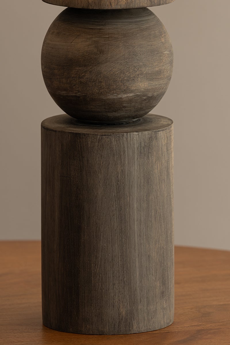 Ralston lamp base showing stacked mango wood with a rich tobacco stain and textured grain.